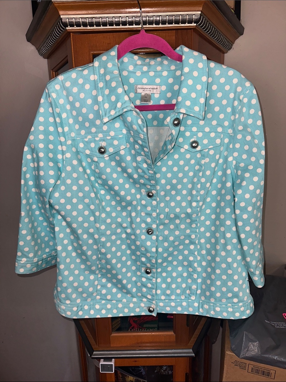Christopher & Banks Aqua Polka Dot Jean Jacket